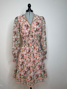 Max Studio Floral Smocked Summer Dress Pink Long Sleeve Boho S NWT